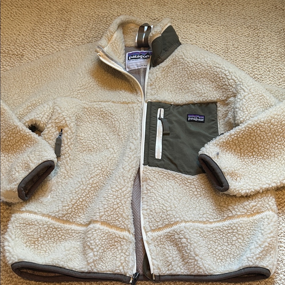 Patagonia Kids Cream and Olive Fleece Jacket